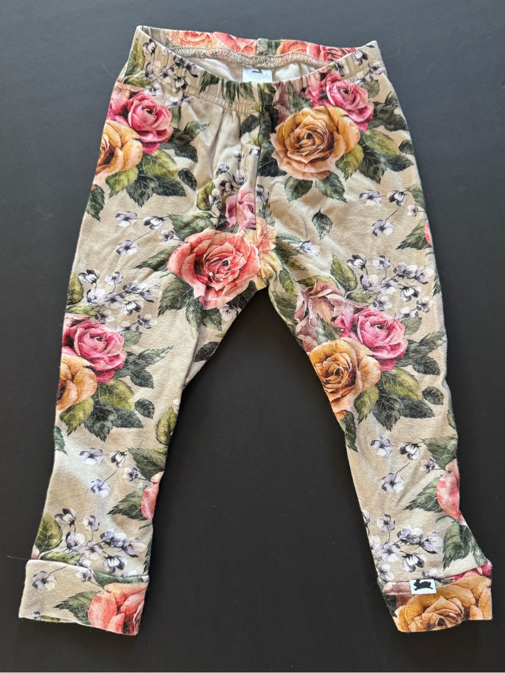 Girls Floral Print Leggings in Beige with Pink & Yellow Roses